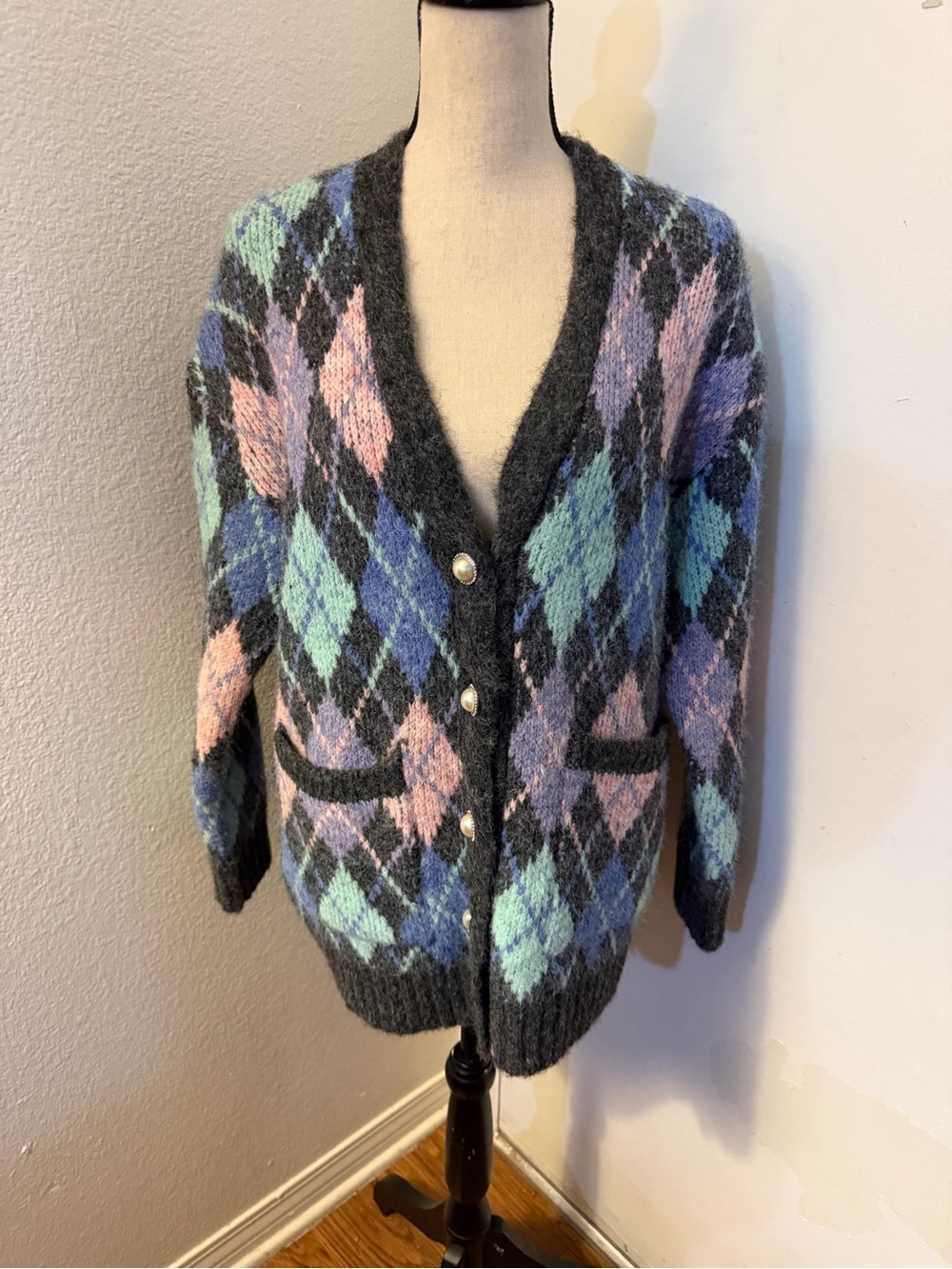 Zara Gray Argyle Button-Front Cardigan with Pink, Blue & Mint Diamonds
